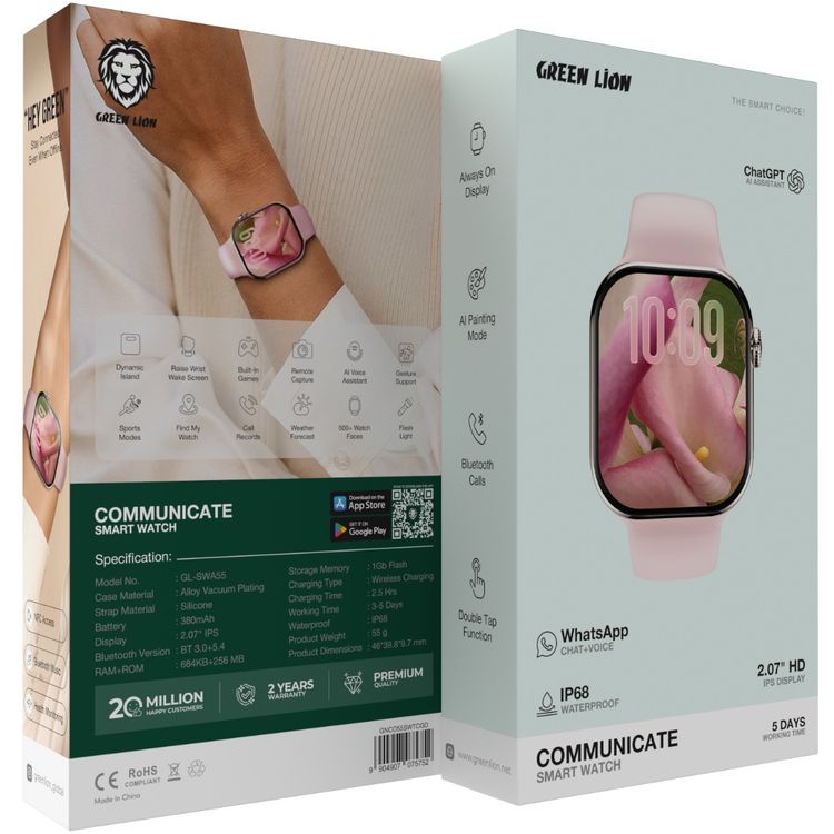 Green Lion Communicate Smart Watch with 2.07" IPS Dispaly, 380mAh Battery Capacity, Wireless Charging, AI Voice Assistant, 1GB Flash, 3-5 Days Working Time - Rose Gold