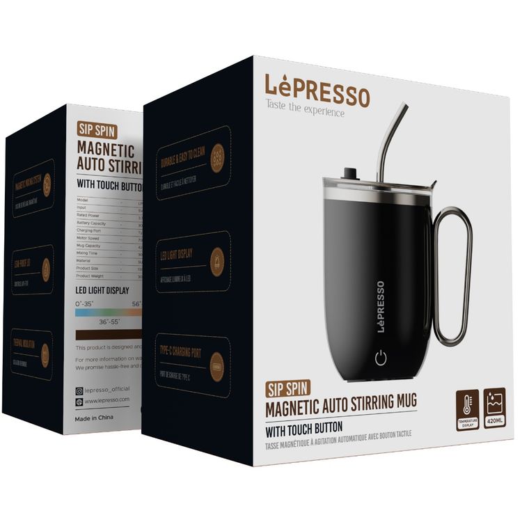 LePresso Sip Spin Magnetic Auto-Stirring Mug with Touch Button, 420mL Capacity, 300mAh Battery, 30s Mixing Time, USB-C Charging Port, Leak-proof Lid, Thermal Insulation, Durable & Easy-to-Clean Design - Black