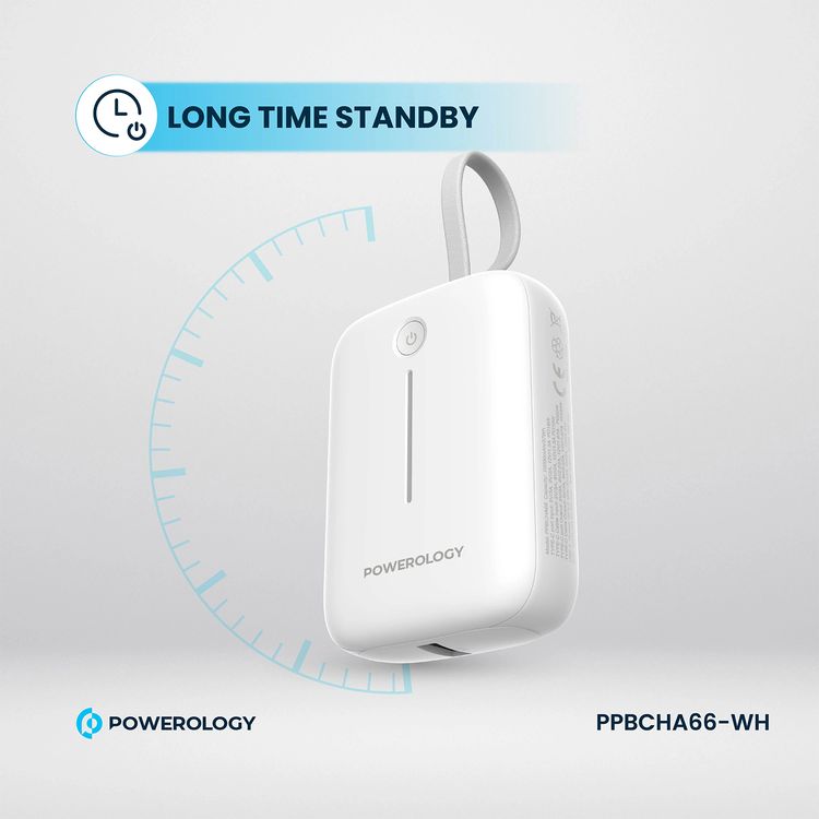 Powerology 10000mAh Power Bank with Detachable USB-C Wire, 20W Power Delivery, 3-Device Charging, Long Time Standby, Universal Phone Compatibility, Built-in Safeguards - White