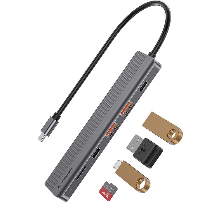 Powerology 6-in-1 Slim USB-C Hub with 4K Ultra HD HDMI, 100W PD, v3.2 10Gbps Super Speed USB-C Data, 2 x v3.2 10Gbps Super Speed USB-C Data, 4K UHD @ 60Hz HDMI, Supports v3.0 MicroSD, Fast Data & Charge - Gray