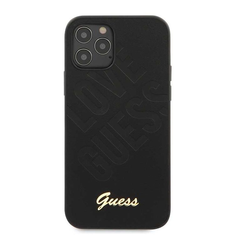 CG MOBILE Guess PU Iridescent "LOVE" Debossed Phone Case with Metal Logo Compatible for iPhone 12 / 12 Pro (6.1") Drop Protection Mobile Case Officially Licensed - Black