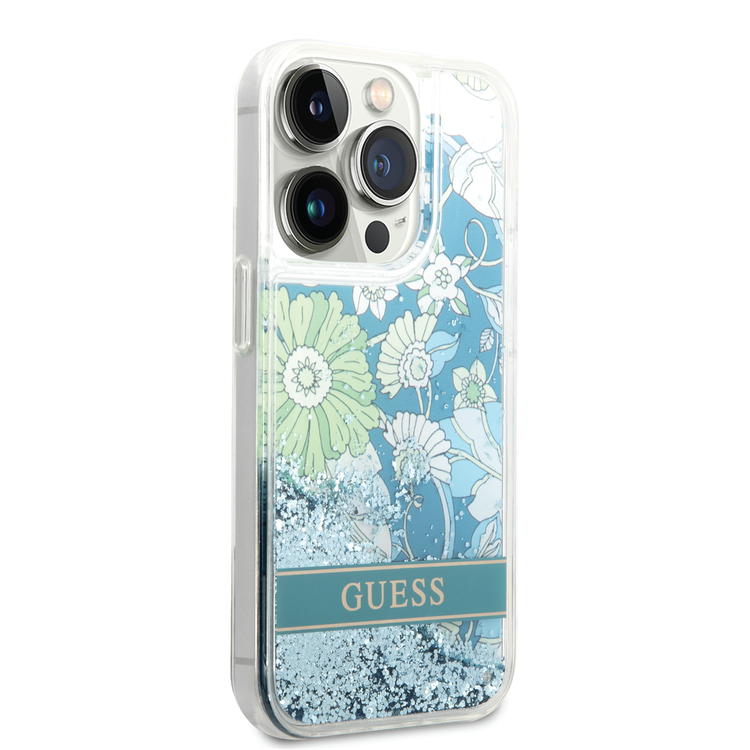 Guess Liquid Glitter Case with Flower Pattern Extra Shine Smooth Touch Feel iPhone 14 Pro Compatibility - Green