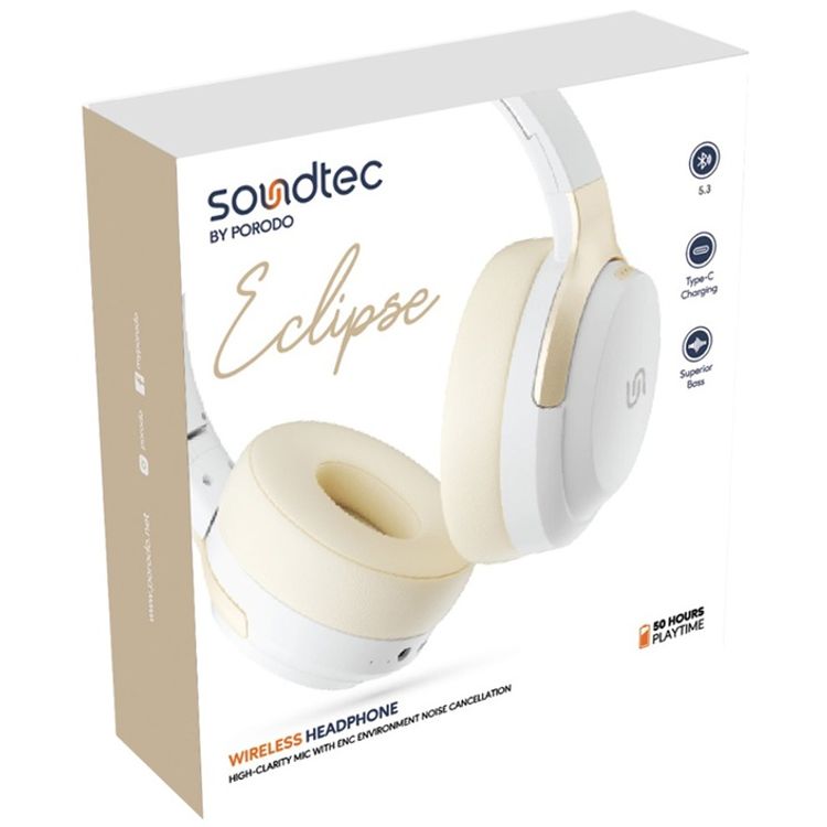 Porodo Soundtec Eclipse Wireless Over-Ear Headphones, High-Clarity Mic with ENC, 50 Hours Playtime, 400mAh Battery, Multi Function Buttons, Type C Charging, Compatible with All Phones for Enhanced Music and Calls - White/Gold