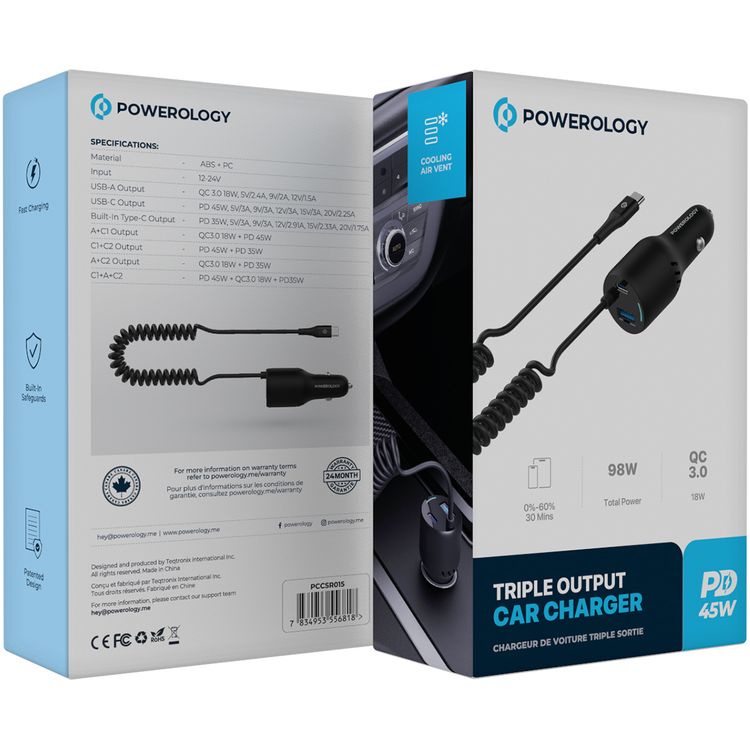 Powerology Triple Output Car Charger with 45W PD & 18W QC 3.0, Retractable Type-C Cable, Cooling Air Vent, ABS & PC Material, Built-in Safeguards, Fast Charging - Black