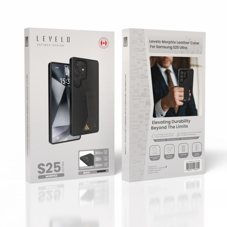 Levelo Morphix PU Leather Case for Samsung Galaxy S25 Ultra, Built-in Leather Kickstand, Scratch-Resistant, Impact-Resistant Corners, Hybrid Case - Black
