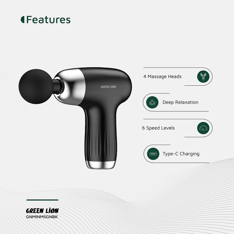 Green Lion Mini Massage Gun with 4 Massage Heads & 6 Speed Levels, ABS Material, Up to 2 Hours Working Time, Auto Shut-Off Function, 1200-3200 RPM Range, 24W Power, Brushed Motor, 1200mAh Battery - Black