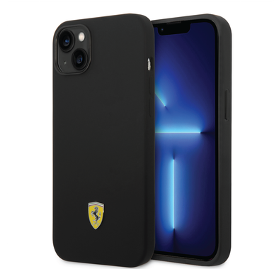Ferrari Liquid Silicone Case with Black Camera Outline & Metal Logo iPhone 14 Plus Compatibility - Black