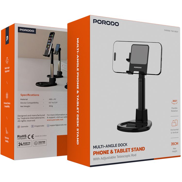 حامل متعدد الزوايا للهواتف والأجهزة اللوحية من بورودو مع قضيب تلسكوبي قابل للتعديل، أقصى ارتفاع 35 سم، متوافق مع نطاقات 6.5-12.9 بوصة، دوران 360 درجة، ثبات ثنائي المحور، مصنوع من مواد ABS وPC - أسود