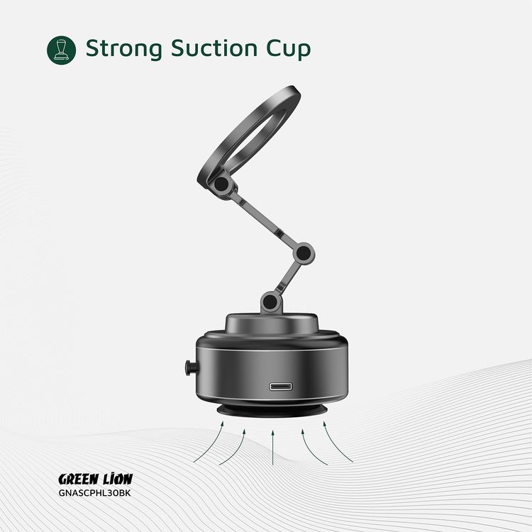 Green Lion GX-30 Auto Suction Phone Holder with 360° Rotation, Strong Suction Cup, 1.5kg Adsorption, One-Hand Operation, MagSafe Compatible, Type-C Charging, 14 Days Working Time - Matte Black