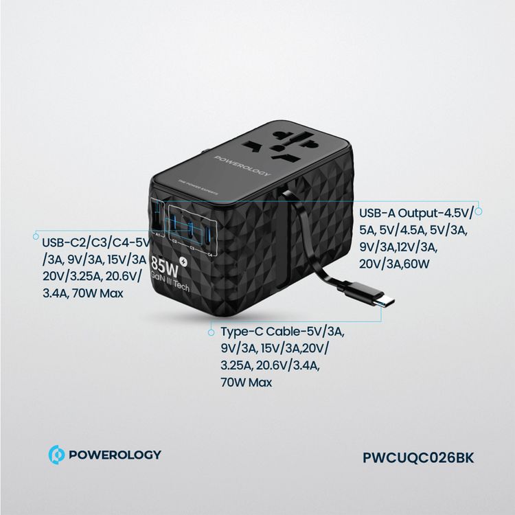 Powerology Universal 85W Super Charger with Retractable Type-C Cable, 70W Power Delivery, GaN Technology, Simultaneous Charging, Spare Fuse Included - Black