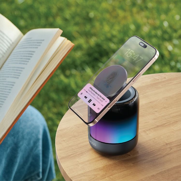 Porodo SyncGlow Speaker & Phone Holder with Rhythmic Lights, 500mAh Battery, Bluetooth Version 5.3, 150 Minutes Working Time, 360° Flexible Rotation, ABS & PC Material, Immersive Sound, 5W Rated Power - Black