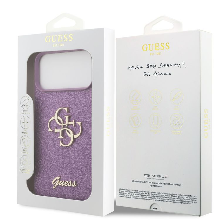 غطاء لامع من PU من Guess بشعار معدني كبير 4G لجهاز iPhone 17 Pro، حماية من السقوط، تصميم نحيف وخفيف الوزن، سهل التركيب، تغليف مستدام، قبضة مريحة - لون أرجواني فاتح