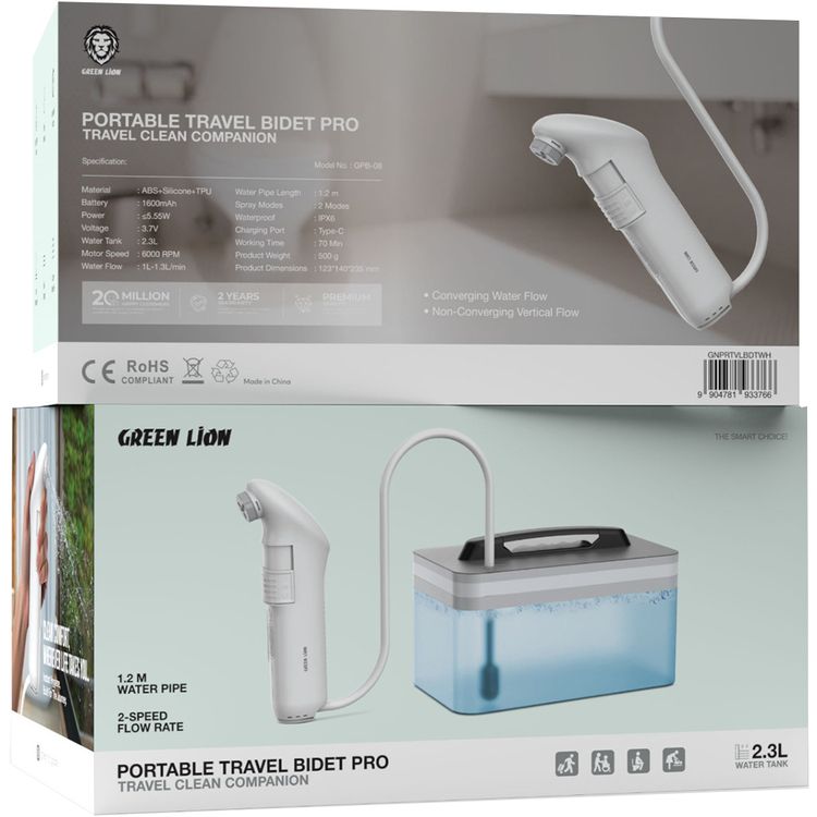 بيديه السفر المحمول من جرين ليون برو بسعة خزان مياه 2.3 لتر، وسرعتين لمعدل التدفق، بتدفق عمودي غير متقارب، ومستوى مقاومة للماء IPX6، وسعة بطارية 1600 مللي أمبير.
