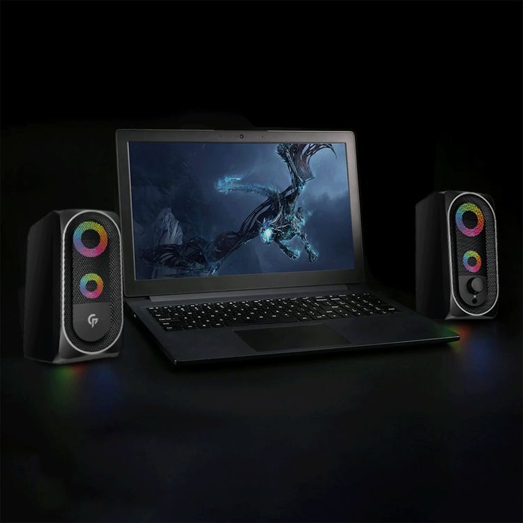 Porodo Gaming Stereo Speakers with RGB Light Effects, USB-A & 3.5mm Plugs, Volume Control Knob, 10W RMS Output, 1.2m Cable Length, Lightning Touch Sensor - Black