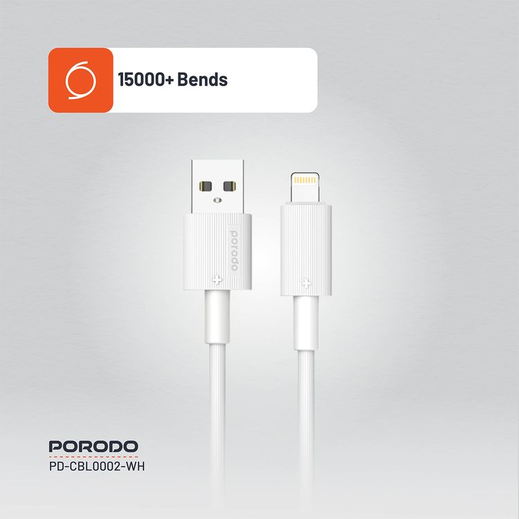 كابل USB A إلى Lightning PVC من Porodo، 480 ميجابايت في الثانية، تيار 2.4 أمبير، عمر افتراضي يزيد عن 15000 ثنية، طول الكابل 1.2 متر، خالٍ من التشابك - أبيض