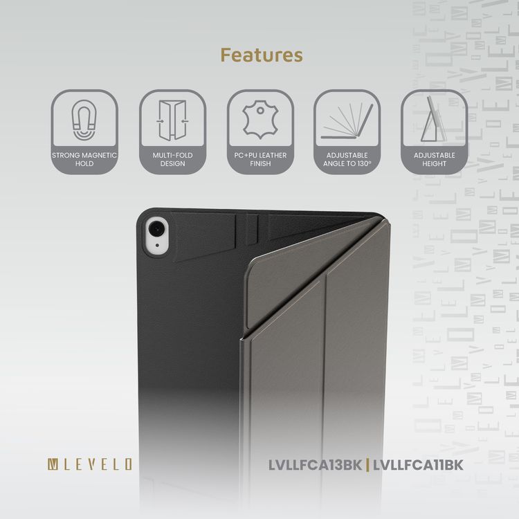 Levelo Luxora Folio Case for iPad Air 13", Strong Magnetic Hold, Multi-Fold Design, Adjustable Height - Black