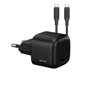 Green Lion NEXIO Single Port Wall Charger with EU Power Plug, 20W Power Delivery, USB-C to USB-C Cable, Charging Protection, Flame Retardant PC Material, USB-C Port, PD 3.0+PPS - Black