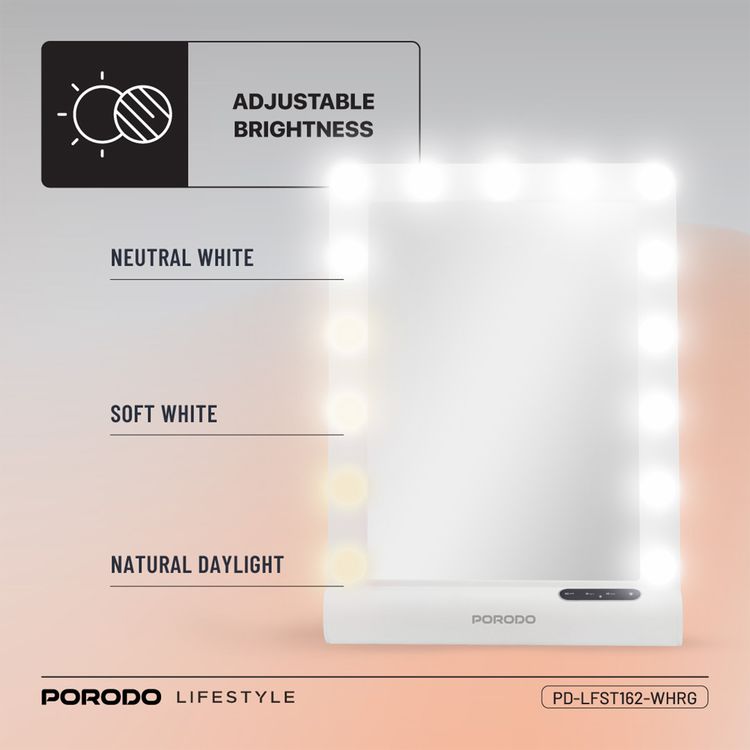 Porodo Hollywood Vanity Lighted Mirror with Built-in Bluetooth Speaker, 15 LED Bulbs, Auto-Off Function, ABS & Glass Material, Smart Touch Control, Brightness Memory Function - White / Rose Gold