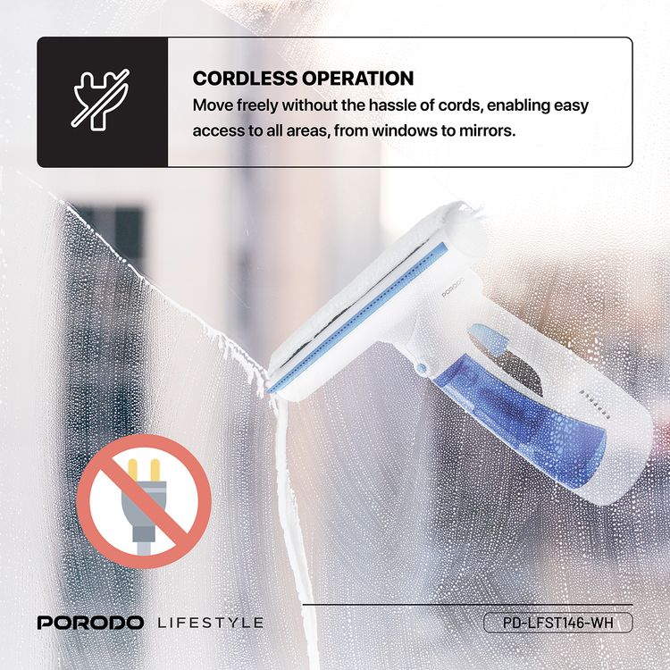 Porodo Lifestyle Cordless Window Vacuum Cleaner with Dual-Tank Design, Up to 30 Minutes of Working Time, 1kPa Suction Power, Spray, Wipe & Vacuum Dry Functions, 9W Rated Power - White