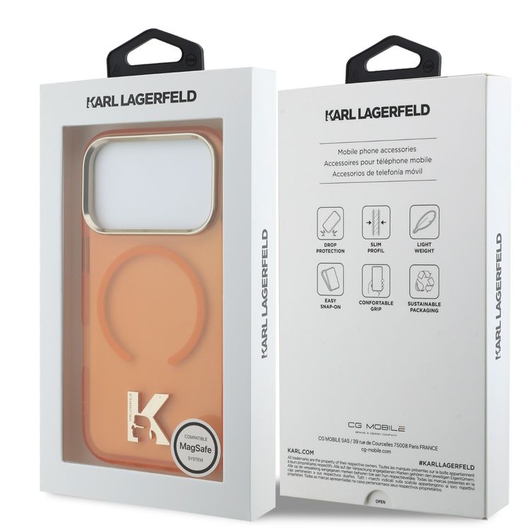 Karl Lagerfeld MagSafe IML Hard Case with Karl Head Logo for iPhone 17 Pro Max, Comfortable Grip, Drop Protection, Slim Profile, Easy Snap-On, Durable Material - Orange
