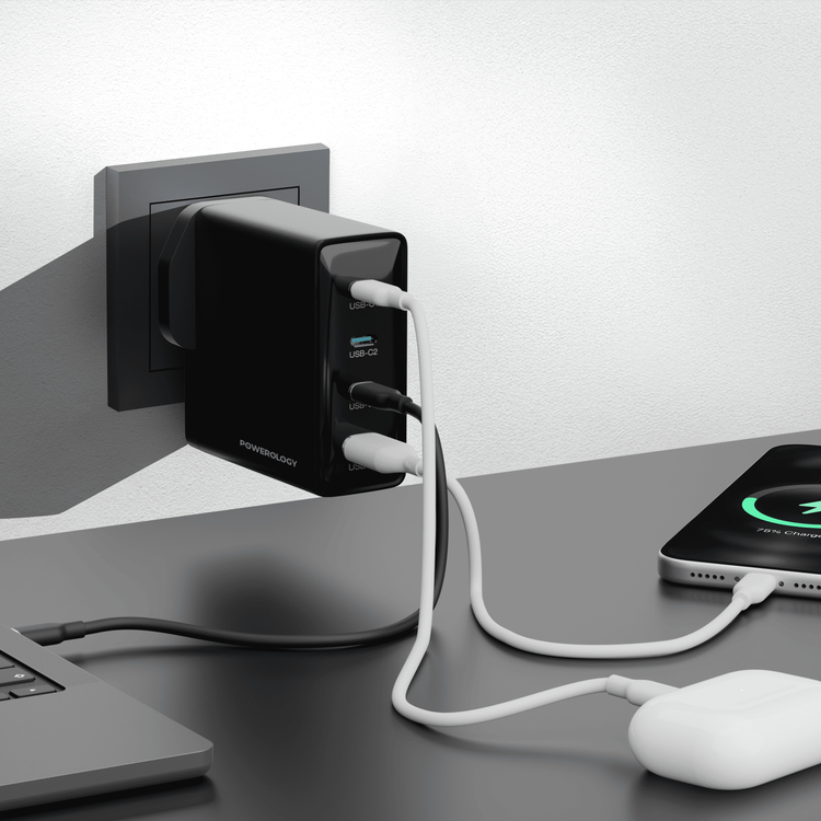 Powerology Volt-X 140W Multi-Port GaN Adapter with Ultra-Fast Charging, Heat Resistant Housing, Multi-Device Charging, GaN Efficiency, ×3 USB-C Ports, ×1 USB-A Port, QC 18W, UK 3-Pin Plug - Black