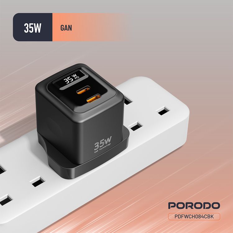 Porodo GaN Wall Charger with USB-C to USB-C Cable, Dual USB-C Ports, 35W Power Delivery, Built-in Safeguards, Fast Charge Support, Multiple Device Charging, Digital Display - Black
