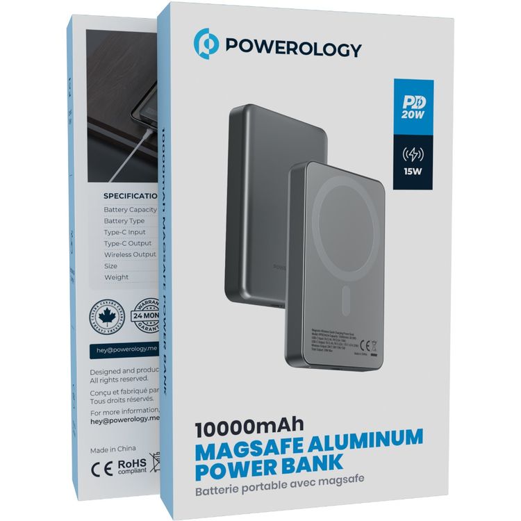 Powerology 10000mAh Magsafe Glass Surface Power Bank with Compact Design, Type-C & Wireless output, Integrated Stand, Aluminum Material, 20W Power Delivery, Cable-Free - Titanium 