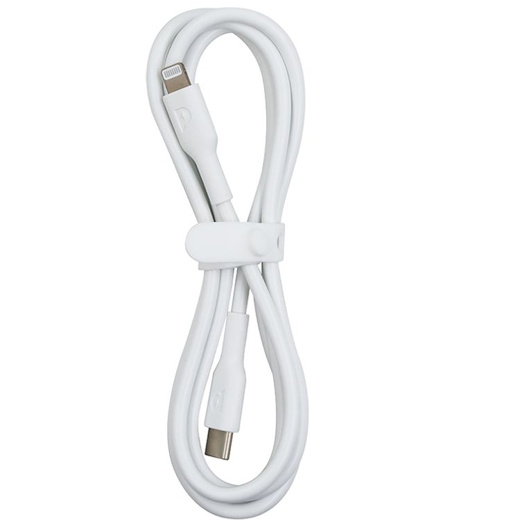 كابل Powerology من USB-C إلى Lightning مع توصيل الطاقة بقوة 20 واط، بطول كابل 1.2 متر، مصنوع من مادة PVC، متوافق عالميًا، مزامنة بيانات سريعة وشحن - باللون الأبيض.