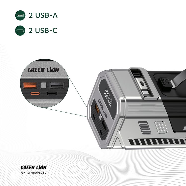 Green Lion Power Max 22.5W 50000mAh Power Bank with Built-in 1.5m Retractable Cable, 2× USB-A, 2× USB-C Ports, Digital Display, LED Flash Light - Silver