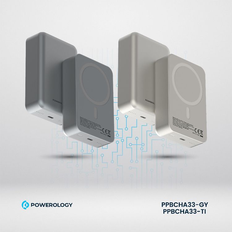 بنك الطاقة Powerology MagSafe من الألومنيوم بقدرة 20000 مللي أمبير في الساعة مع مؤشر لمستوى البطارية، تصميم خفيف الوزن وصغير الحجم، شحن سريع ومتزامن، مدخل ومخرج من النوع C، مخرج لاسلكي 15 وات - تيتانيوم
