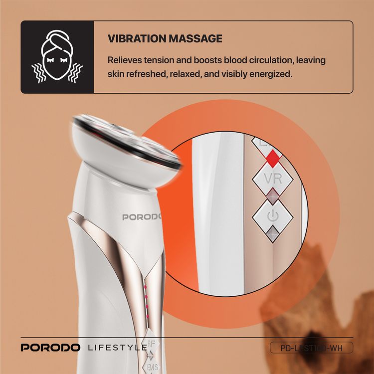 Porodo Lifestyle Vibration Light Therapy Device with EMS Micro-Stimulation, Strong RF Activation, 1450mAh Battery Capacity, 8.5W Power - White