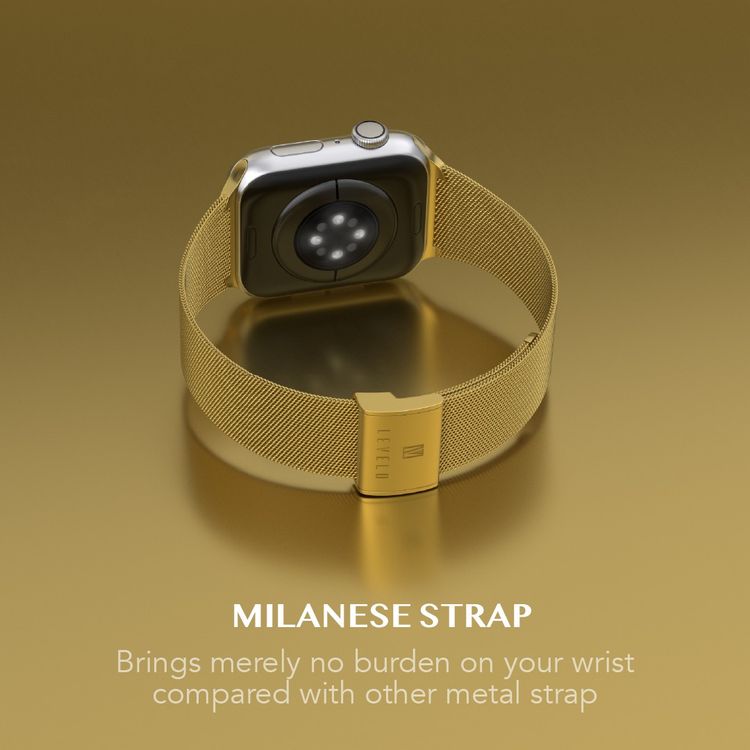 Levelo Double Milanese Watch Strap for Apple Watch 42/44/45mm, Stainless Steel Material, Double-lock Folding Buckle, Adjustable Strap, Easy Installation - Gold