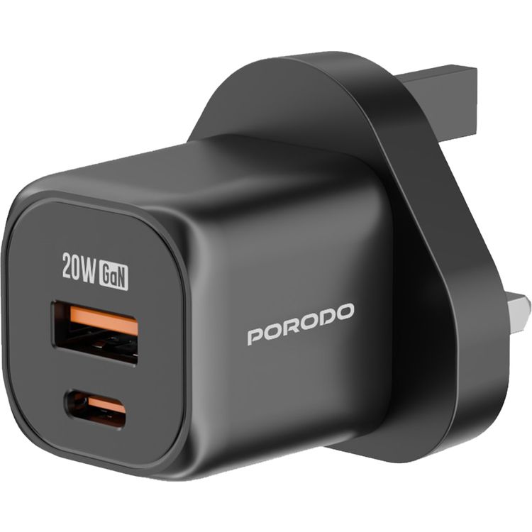 Porodo Dual Port Wall Charger with USB-C to USB-C Cable, Over-Heat Protection, Simultaneous Charging, Reliable Companion - Black