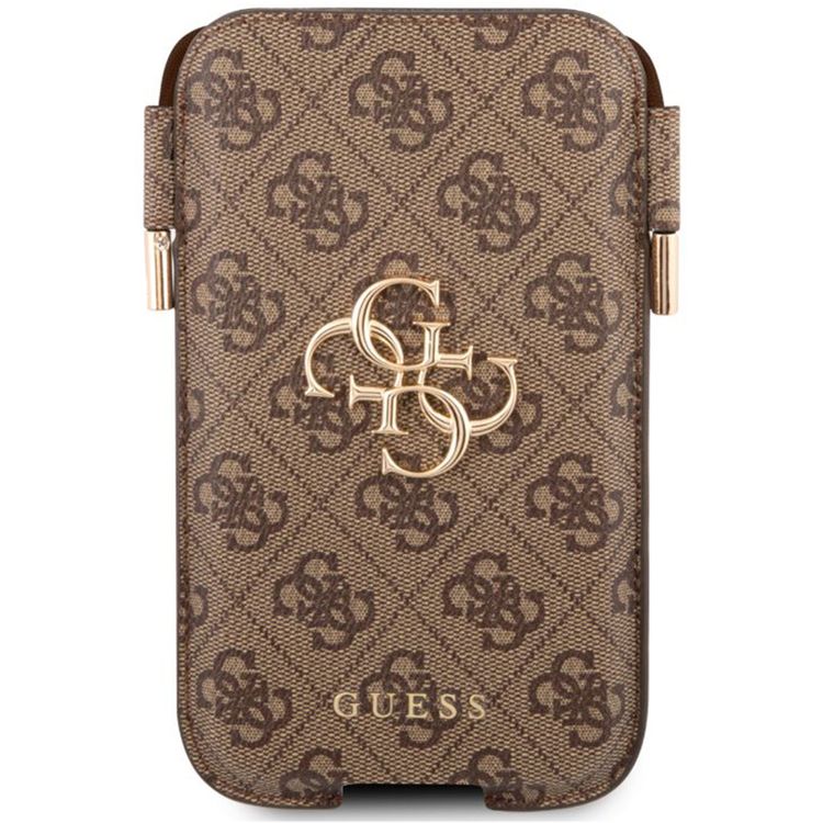 Guess 4G Script Crossbody Phone Pouch for iPhone 12 Pro ( 6.1" ) with Adjustable Neck Cord Lanyard Strap, Synthetic Leather Material - Brown