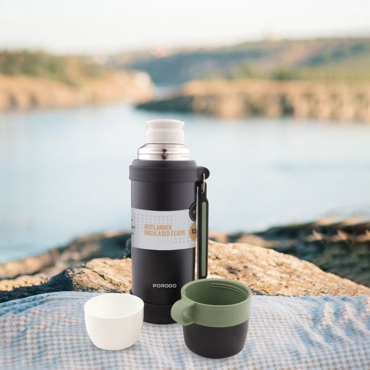 Porodo Lifestyle  Outlander Insulation Flask with Triple-Wall Copper Insulated, Leak-Proof Lid, 1.8L Capacity, Keep Hot & Cold Up to 24 Hours, Food-Grade Stainless Steel - Black