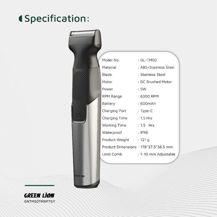 Green Lion 3-in-1 Expert Hair Trimmer & Shaver, 1.5 Hours Working Time, 1-10 mm Adjustable Comb, Corded & Cordless Use, Travel Lock, Digital Display, 600mAh Battery, 5W Power - Gray