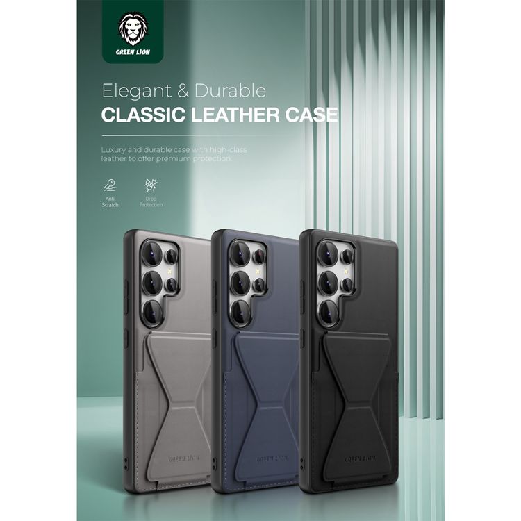 Green Lion Classio Stand Leather Case for Samsung S25 Ultra with Card Holder, Anti-Scratch, Foldable Stand, Comfortable Grip, Drop & Camera Protection - Black