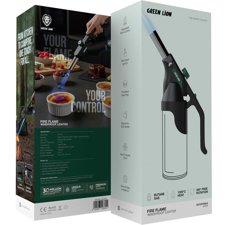 Green Lion Fire Flame Windproof Lighter, Butane Gas, 1300°C Heat, 360° Free Rotation, Adjustable Flame Control, One-Touch Ignition, Thickened Steel Pipe, Ergonomic Grip Handle, Multi-Purpose Torch, Quick & Easy Installation - Black