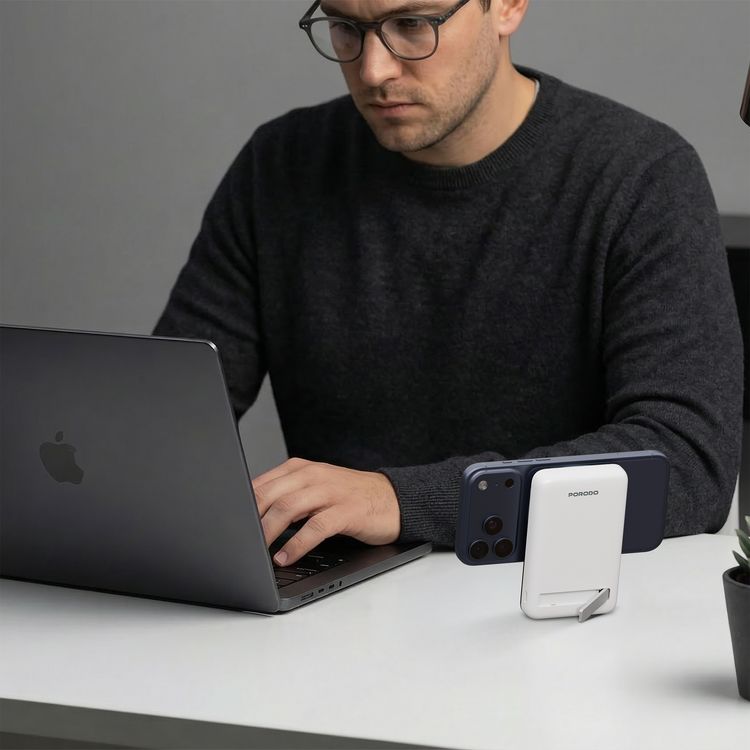 Porodo Sovo 10000mAh Power Bank with MagSafe Compatibility, Built-in Kickstand & LED Light, USB-C Input & Output Port, PD 20W Fast Charging, 15W Wireless Output, Compact Design - White