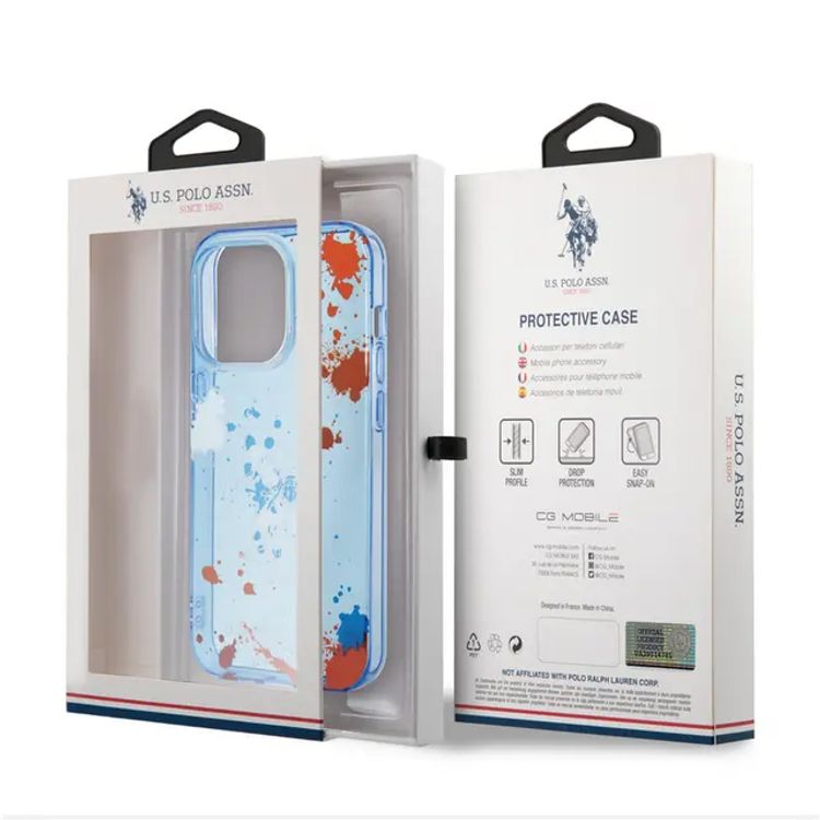 USPA PC/TPU Case with Splatter Pattern & Horse Logo iPhone 14 Pro Max Compatibility - Blue