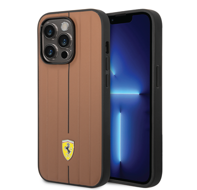 Ferrari Leather Case With Embossed Stripes & Yellow Shield Logo - iPhone 14 Pro - Camel
