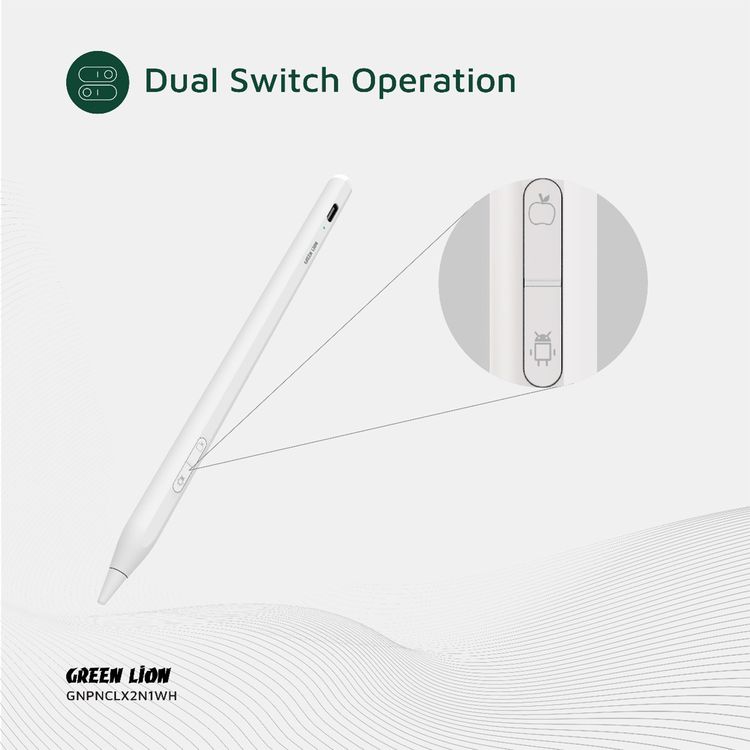Green Lion Pencil X Universal Pen with LED Indicator, Dual System Support, 1.2mm POM Nib, 125mAh Battery, 8-9 Hours Usage Time, 5 Minutes Auto Power Off Function, Replaceable Tip, Magnetic Attachment - White