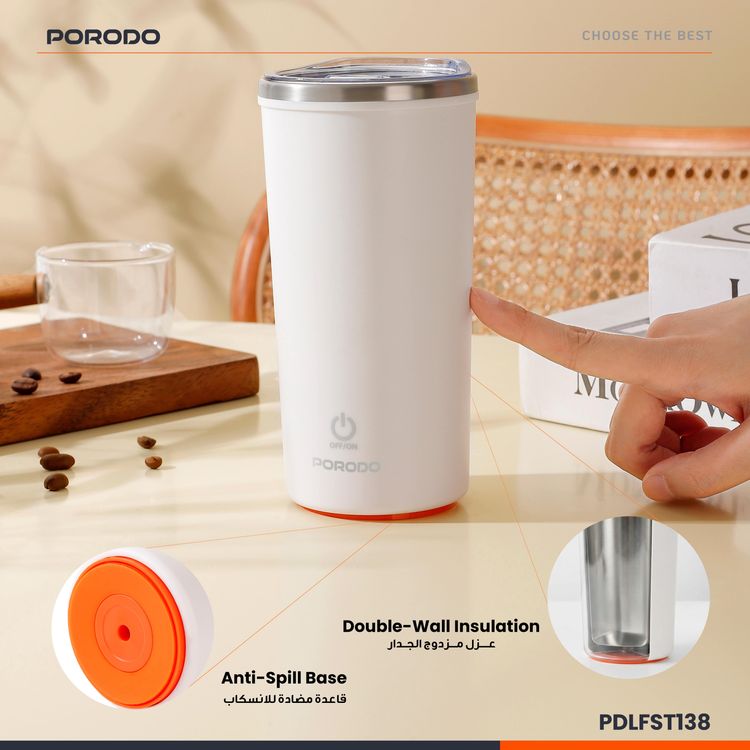 Porodo Lifestyle Auto-Stirring Insulated Mug with 400mL Capacity, Anti-Slip Base, 300mAh Battery Capacity, 120-Seconds Mixing Time with Auto-Stop - White