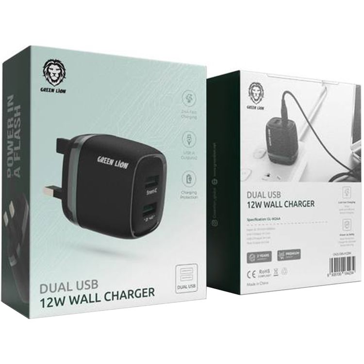 Green Lion Dual Port Wall Charger with 3-Pin UK Plug, 12W Power, 2.4A Fast Charging, ×2 USB-A Ports, Charging Protection, Multi-Device Charging, Portable Design - Black