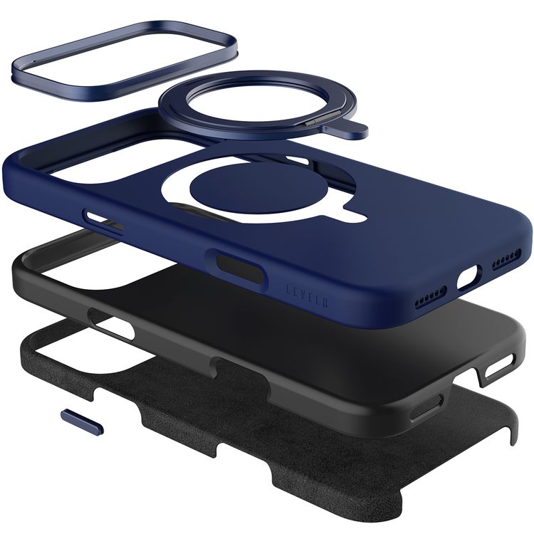 Levelo Iris Pro MagSafe Liquid Silicone Case with Built-in 360° Kickstand for iPhone 17 Pro, Metal Accents, Shock-Resistant Bumper, Aluminum Alloy Frame for Camera & Buttons, Drop-Tested, Strong Magnets, Premium Silicone Grip - Dark Blue