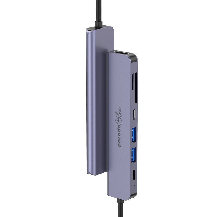 Porodo Blue 7 Ports USB-C HUB 4K HDMI & Dual USB-C, 100W PD, Card Reader, Plug and Play, Hot Swappable, Windows/Mac OS/Android - Gray
