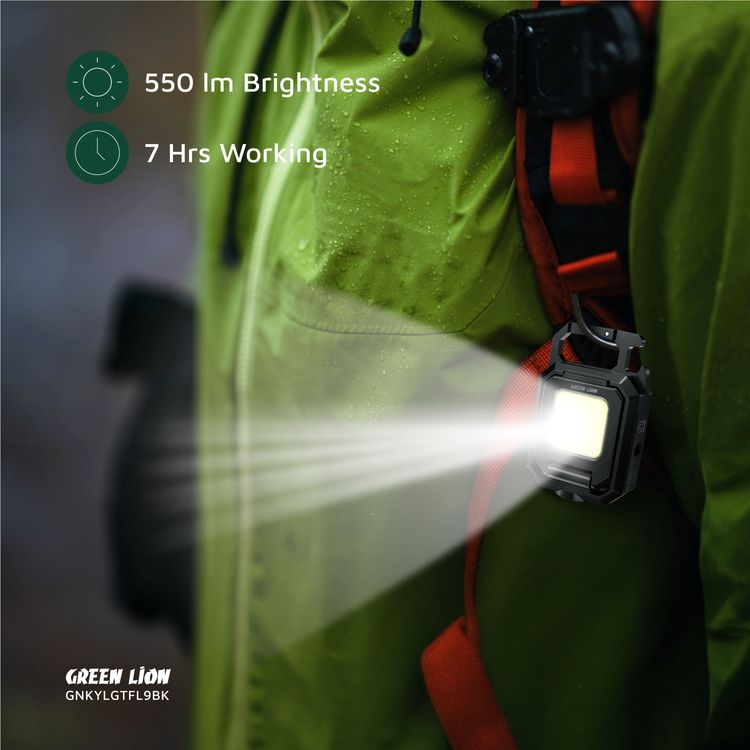 Green Lion Keychain Light with 5 Light Modes, 800mAh Battery, 550 Lumens Brightness, USB-C Charging Port, Up to 7 Hours Working Time, Magnetic Attachment, Foldable Design, 10W Power, Double-Sided - Black