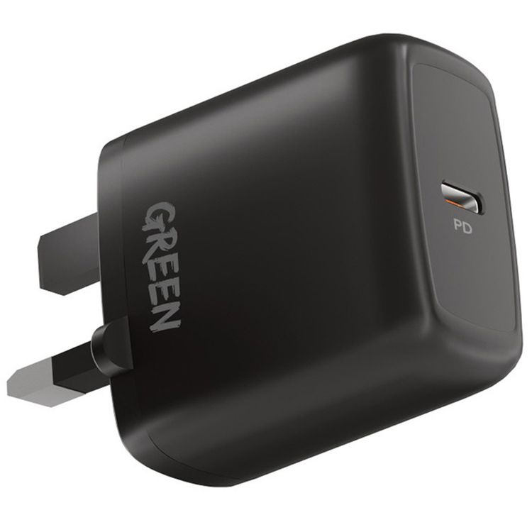 شاحن حائط من جرين ليون بمنفذ Type-C مع كابل من Type-C إلى Type-C، بقدرة توصيل طاقة 20 واط، وقابس بثلاثة أسنان على الطراز البريطاني، وشحن سريع ودعم Auto-ID، وحماية من السخونة الزائدة، ومادة مقاومة للحريق، ووسائل حماية مدمجة - أسود.