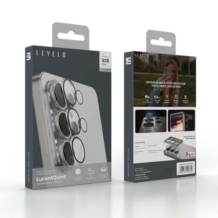 Levelo LucentQuint Camera Lens Protector with Anti-reflective Coating, Samsung Galaxy S26 Ultra Devices Compatibility, 99% Light Transmittance, Durable-Sided AR Glass, Oleophobic Coating, Resilient Glass, Scratch Resistance, 0.3mm Elevated Edge, 0.3mm Elevated Edge - Transparent