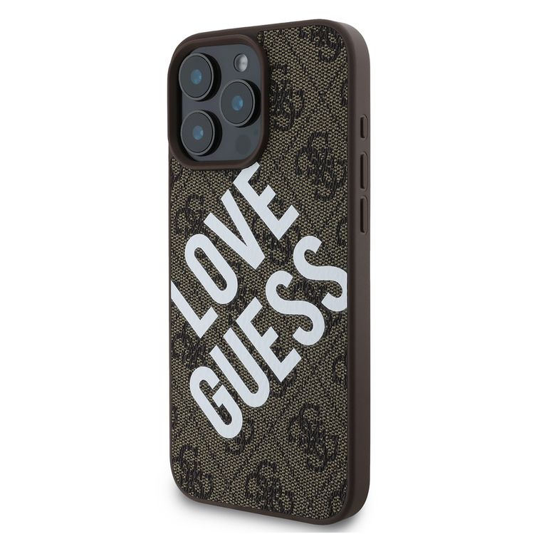 Guess PU 4G Hard Case with Big Love Guess Logo For iPhone 16 Pro, High Quality Material, Lightweight, Easy Snap-on - Brown